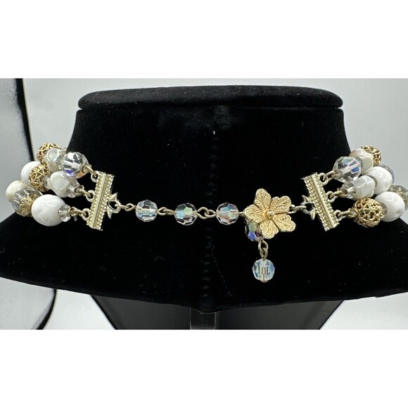 Vendome Coro Necklace Vintage Three 3 Strands Gold Cage Milk Glass Beads - Picture 6 of 12